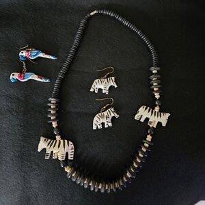 Zebra necklace & earrings & parrot earrings.  Total of 5 pieces.